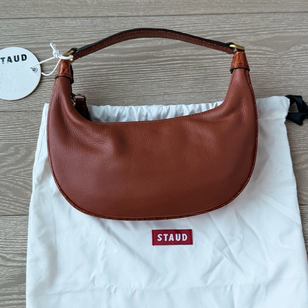 STAUD Tan Leather Zip-Top Bag